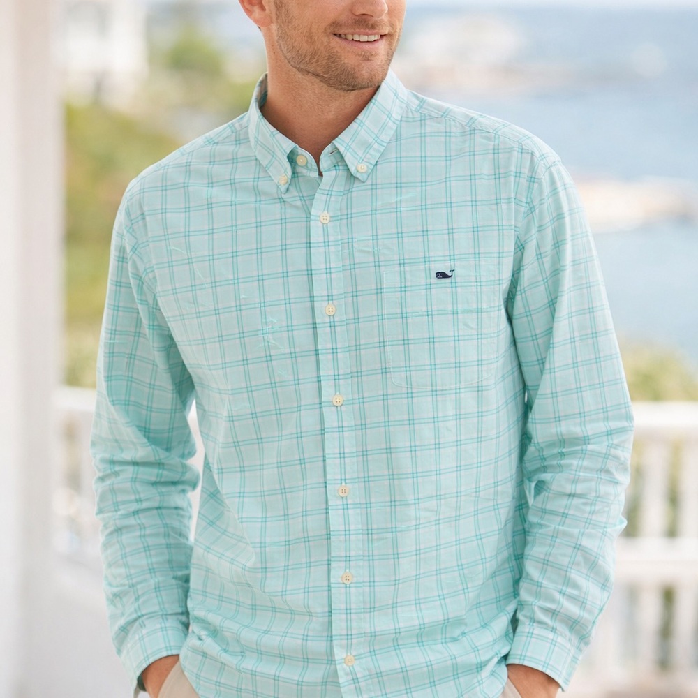 Vineyard Vines Performance Whale Shirt Men’s L Mint Plaid Button Down - Picture 2 of 9